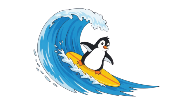 Cartoon penguin surfing a wave on white background
