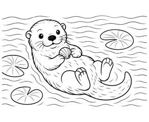 Happy otter floating on water with leaves and shell coloring page vector design
