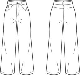 Wide-leg pants technical sketch, front and back view, fashion design, garment construction, cad drawing flat vector illustration, apparel template