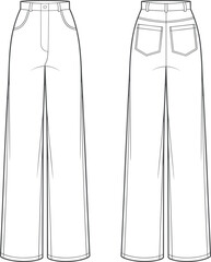 Wide-leg pants technical sketch, fashion flat vector, garment construction template, clothing design illustration, CAD drawing front and back view
