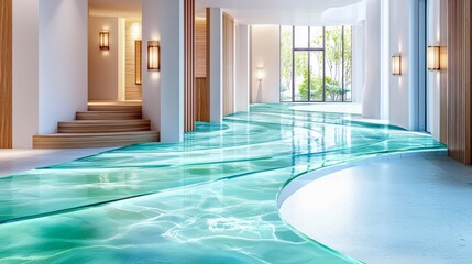 A contemporary interior hallway features a unique floor designed to look like flowing water, illuminated by soft lighting and natural light from a large window.