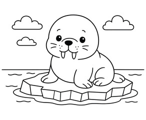 Adorable walrus cartoon sitting on iceberg with clouds floating above ocean