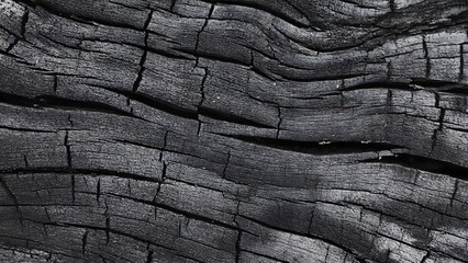 Close-up view of dark, burnt wood texture with deep cracks and wavy grain patterns, showing the effects of charring.