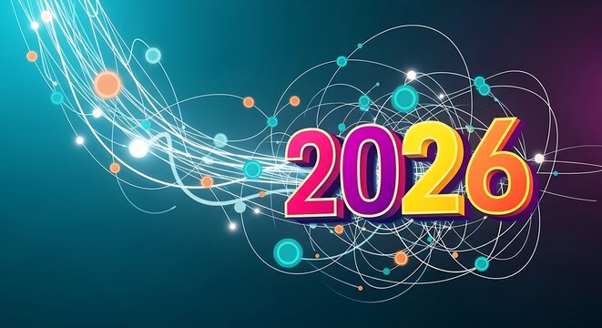 Colorful 2026 numbers with abstract swirling lines and circles new year