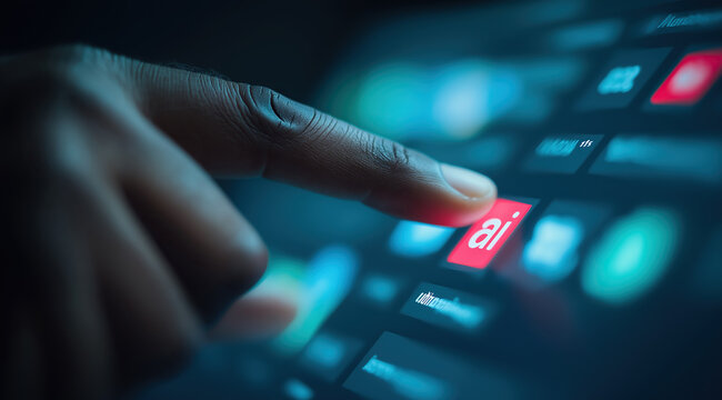 Finger touches glowing red icon on futuristic digital touchscreen interface.