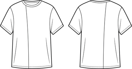 Men's short sleeve t-shirt technical fashion flat, vector illustration of front and back view, crew neck tee shirt design template.