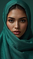 Closeup portrait of young woman with olive skin and green hijab, confident expression, modern beauty, natural makeup, contemporary style