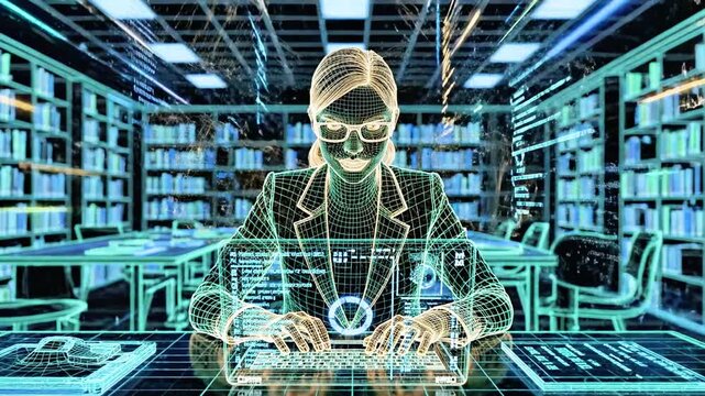 A wireframe figure interacts with a computer in a library. Glowing cubes float around