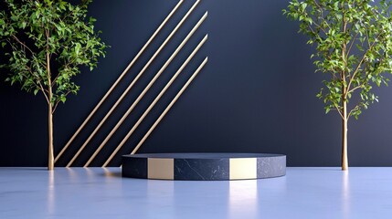 A sleek, dark marble podium with gold accents sits on a light floor, flanked by two trees with golden trunks and green foliage, against a dark blue wall with go