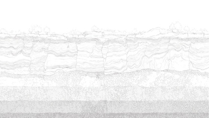 Obraz premium Stylized monochrome landscape with layered rock formations and sparse trees grey white