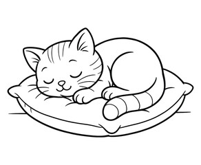 Sleeping cat cartoon curled up on soft pillow dreaming peacefully and relaxed