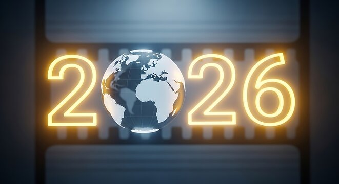 Earth Globe and Year 2026 in Neon Yellow Against a Film Strip Background world