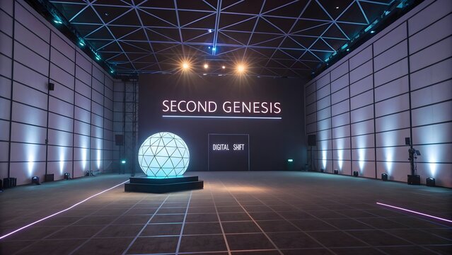 Lit up sphere on stage inside a modern technology hall