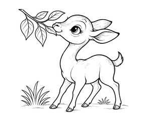 Delightful deer cartoon nibbling leaves with big eyes and soft fur standing on grass