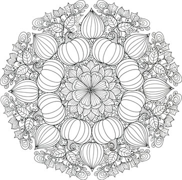 Intricate black and white mandala coloring page design featuring a circular arrangement of stylized pumpkins and detailed floral or leaf elements, perfect for autumn or harvest themed relaxation and c