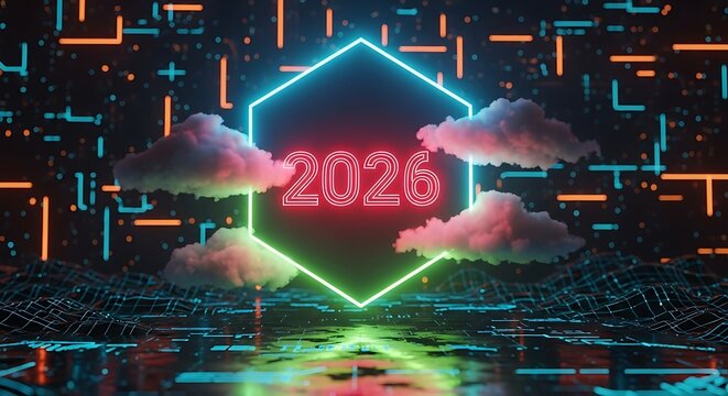 Futuristic 2026 neon hexagon with clouds and digital landscape new year