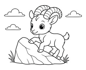 Bighorn sheep lamb standing on rock mountain and cloud on white backdrop