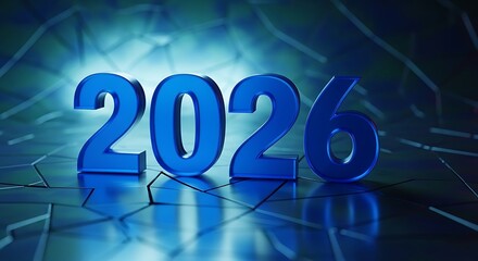 Blue 3D numbers 2026 on a cracked metallic surface new year future
