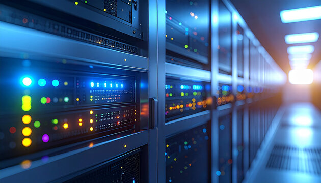 Data Fortress: The image showcases a high-tech data center with servers neatly arranged in racks, illuminated with a futuristic blue glow.