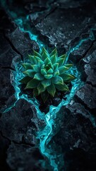Succulent emerging from cracked dark ground with neon blue light, concept of growth, resilience, futuristic nature