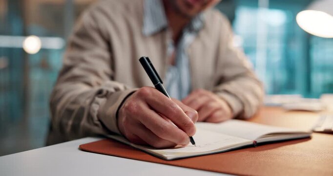 Hands, business man and writing notes for article planning, story facts and publishing schedule. Journalist, employee or notebook at agency for column information, creative ideas or editing checklist