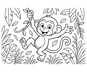 Playful monkey swinging on vine in jungle foliage outlined vector illustration