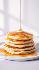 Layered yogurt pancakes resting on a bold lavender background coated with light syrup drizzle and warm daylight enhancing the soft inviting character
