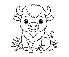 Charming little bison calf sitting on grass outlined vector illustration