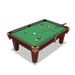 Billiard table with balls and cue stick on a white background.