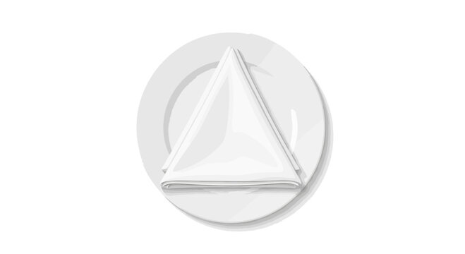 White plate with folded napkin and utensil on white background simple clean.