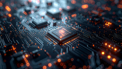 Intricate Circuit Board: An eye-level perspective reveals the complex and illuminated circuitry of a computer component, showcasing the digital world's hidden architecture. 