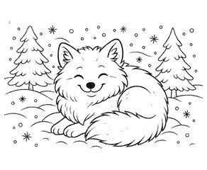 Arctic Fox Cartoon Vector Illustration in Winter Landscape Coloring Page