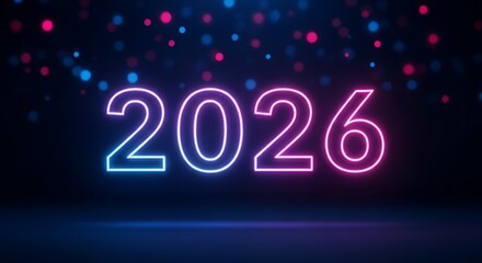 2026 neon lights pink and blue dark background festive new year happy new year