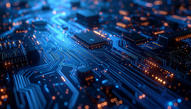 Circuit Board Technology: An abstract close-up showcases the intricate design of a high-tech circuit board, its pathways and components illuminated with glowing lights.