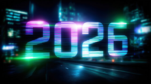 Glitched Number 2026 with Horizontal Scanlines on Futuristic Urban Street with Neon Lights
