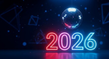 2026 Neon Sign with Disco Ball and Geometric Shapes light glowing