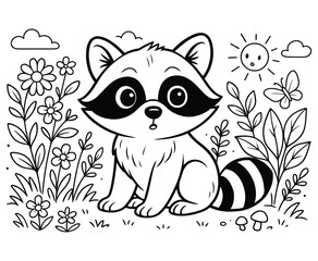 Cute raccoon cartoon animal sitting surrounded by flowers in outline style art