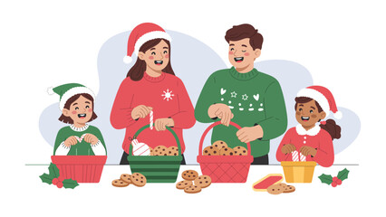 Family Christmas Baking Time: A happy family is gathered in a kitchen and joyfully baking and arranging festive holiday cookies, enjoying quality time. 