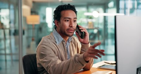 Phone call, computer and businessman in office for talking, finance advice and networking with client. Professional, investor and person with tech for conversation, negotiation or investment deal - Powered by Adobe