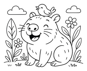 Whimsical drawing of happy groundhog with bird on head and flower in garden