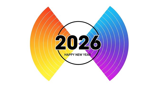 2026 Happy New Year inside a black circle with colorful fan shapes text numbers