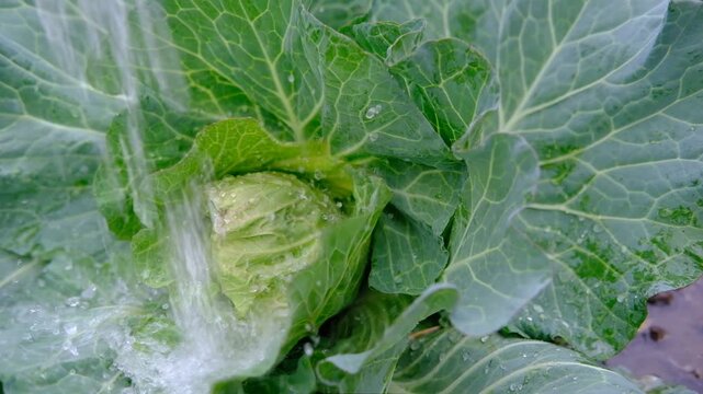 farmer gardener used Watering can for irrigation to water for green cauliflower seedlings plants vegetable in garden. close-up.