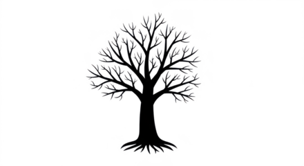 Bare Deciduous Tree Silhouette with Visible Roots, Representing Winter, Death, or Nature Symbolism, Isolated on White