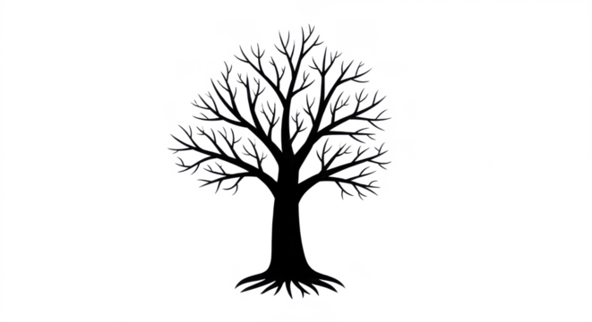 Bare Deciduous Tree Silhouette with Visible Roots, Representing Winter, Death, or Nature Symbolism, Isolated on White