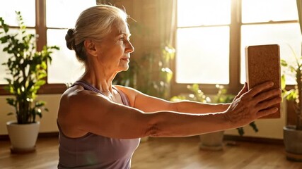 Senior woman practicing yoga with a block, serene morning sunlight fills the cozy room, embracing wellness and mindfulness in everyday life