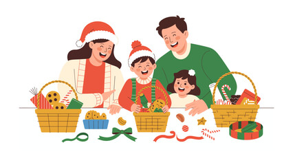 Family Christmas Festive: A cheerful family is gathered around, creating handmade gifts in the holiday spirit, crafting moments of togetherness, happiness and seasonal traditions.