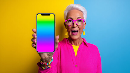Happy Senior Woman Presenting a Blank Smartphone Mock-up on Colorful Gradient