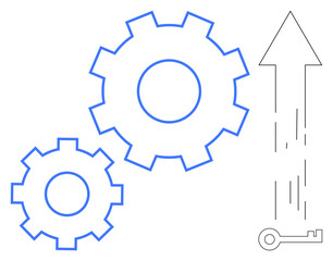 Two blue gears next to a key and upward arrow symbolize progress, innovation, problem-solving, and success. Ideal for teamwork, efficiency, business growth, productivity strategy and solutions. A