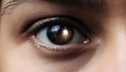 Obraz premium A realistic close-up of a human eye where the pupil reveals a distant glowing tunnel with soft light at the end, natural reflections on the eye surface. Light Tunnel In Pupil. Vision Beyond Darkness
