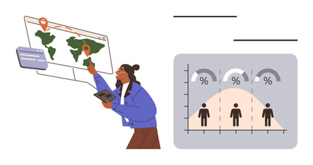 Professional analyzing map with location pins and demographic bell curve chart. Ideal for data analysis, trends, statistics, geography, demographics, business strategy, growth metrics. Simple flat